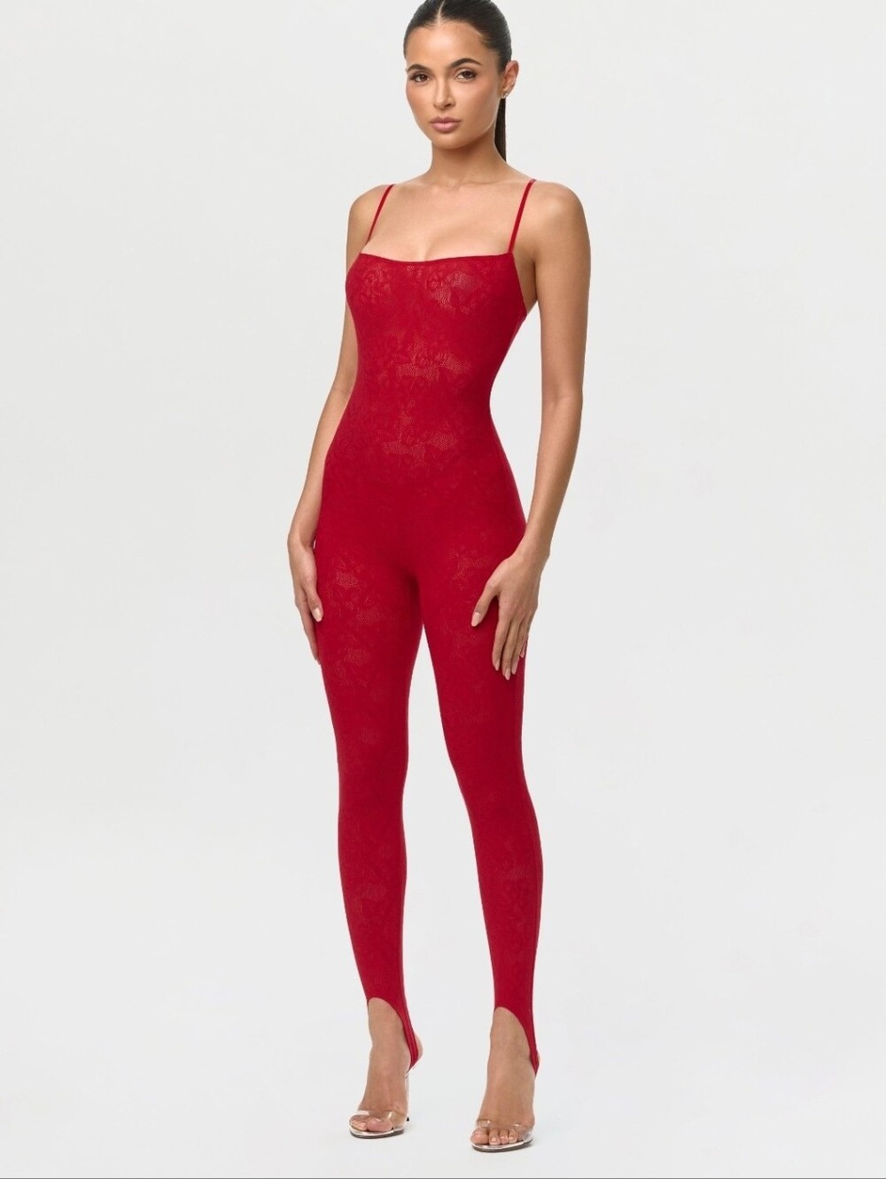 Naked Wardrobe Ruby Red Lace Stirrup Jumpsuit XS NWT